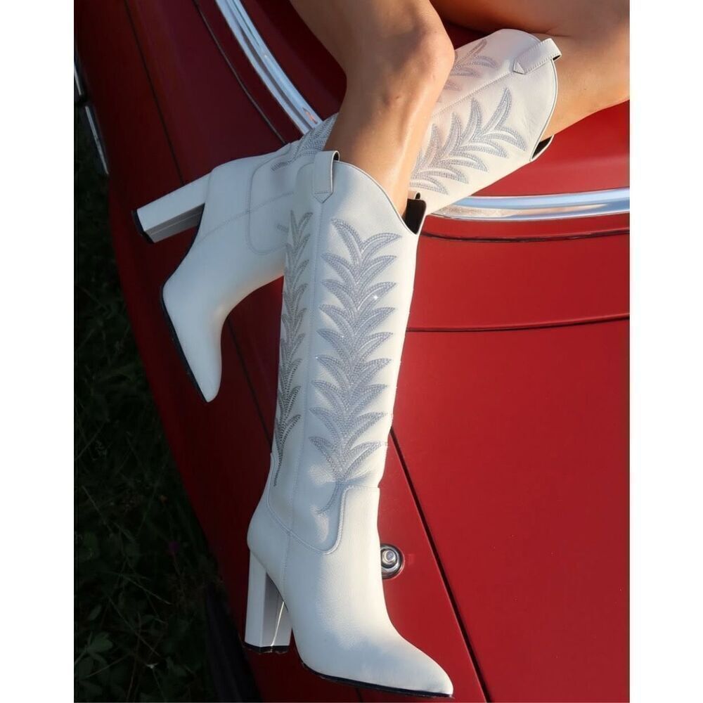 Daniel X Diamond Women's White Tall T Leather Western Boots Shoes Size 9.5 NWOT